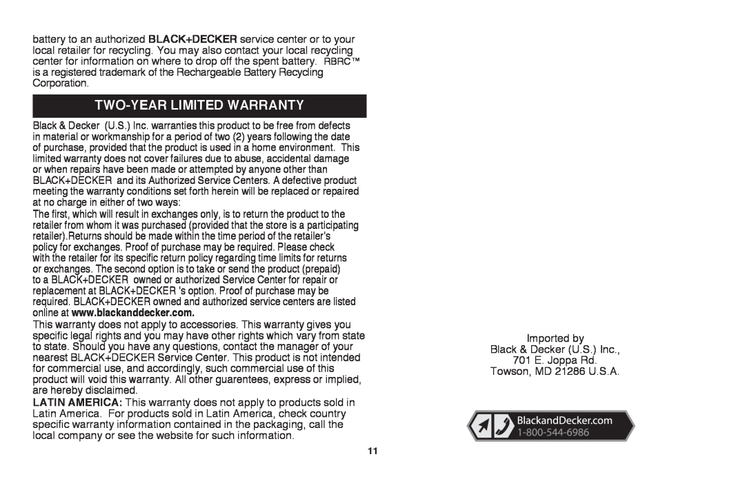Black & Decker LHT2220B, LHT2220R instruction manual Two-YEAR LIMITED Warranty 