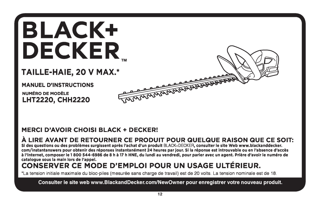 Black & Decker LHT2220R, LHT2220B Conserver Ce Mode D’Emploi Pour Un Usage Ultérieur, Merci d’avoir choisi Black + Decker 