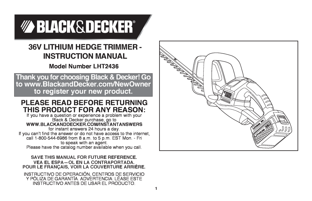 Black & Decker LHT2436R, LHT2436B manual Please read before returning this product for any reason, Model Number LHT2436 