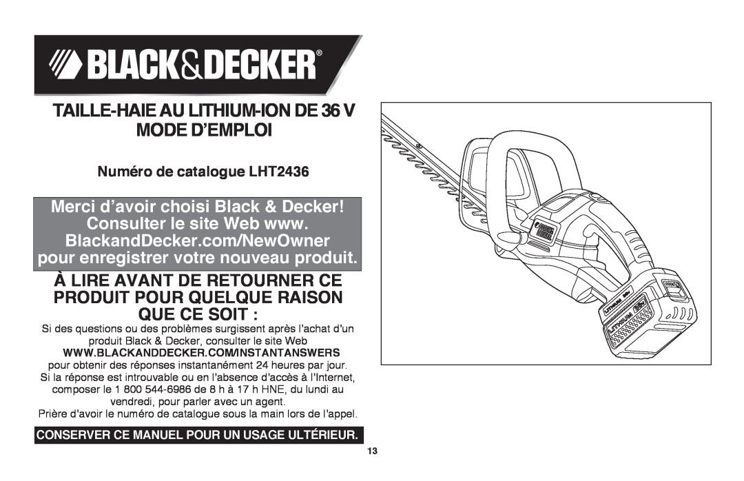 Black & Decker LHT2436R, LHT2436B manual Mode D’Emploi, Merci d’avoir choisi Black & Decker Consulter le site Web www 