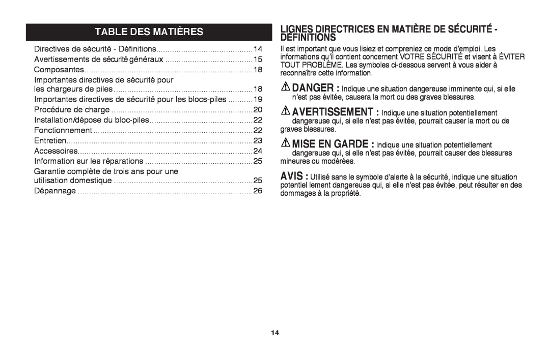 Black & Decker LHT2436B, LHT2436R manual Table Des Matières, lignes directrices en matière de sécurité - définitions 