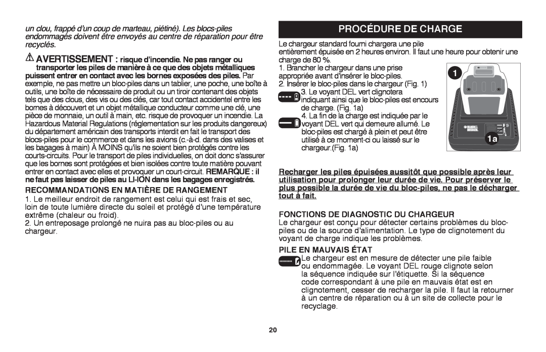 Black & Decker LHT2436B, LHT2436R manual Procédure de charge, Fonctions de diagnostic du chargeur, Pile en mauvais état 