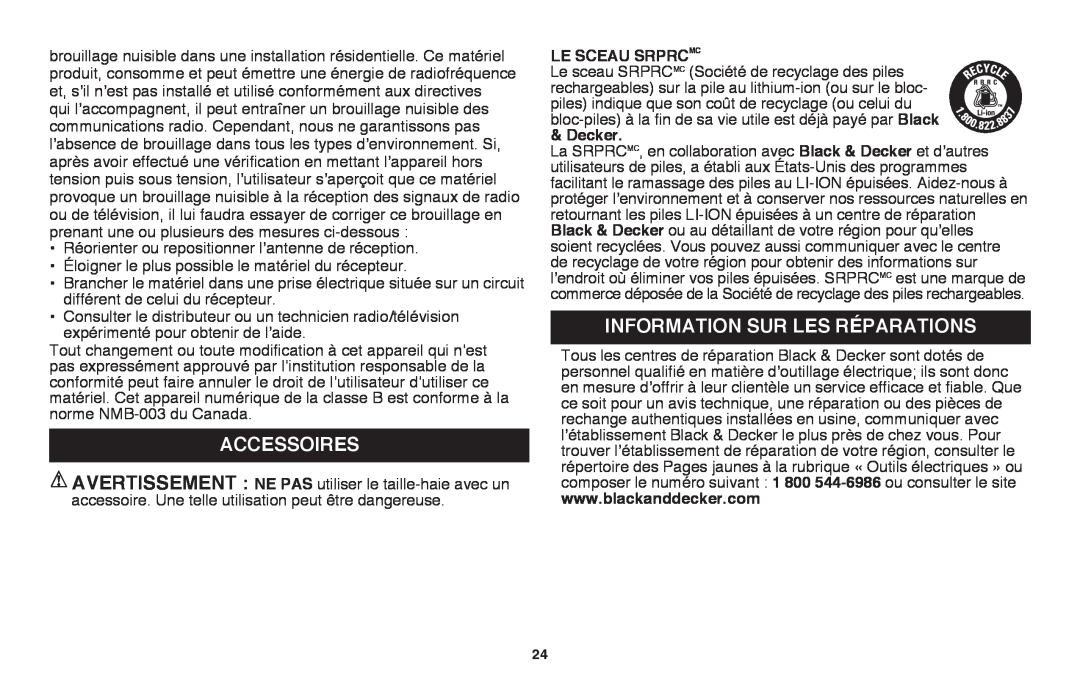 Black & Decker LHT2436R, LHT2436B manual Accessoires, Information sur les réparations, Le sceau SRPRCMC 