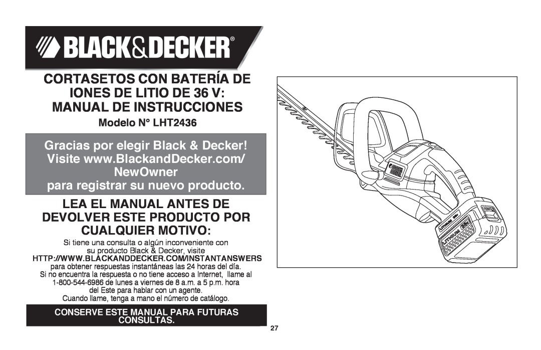 Black & Decker LHT2436R manual Cortasetos Con Batería De Iones De Litio De, Manual De Instrucciones, Modelo N LHT2436 
