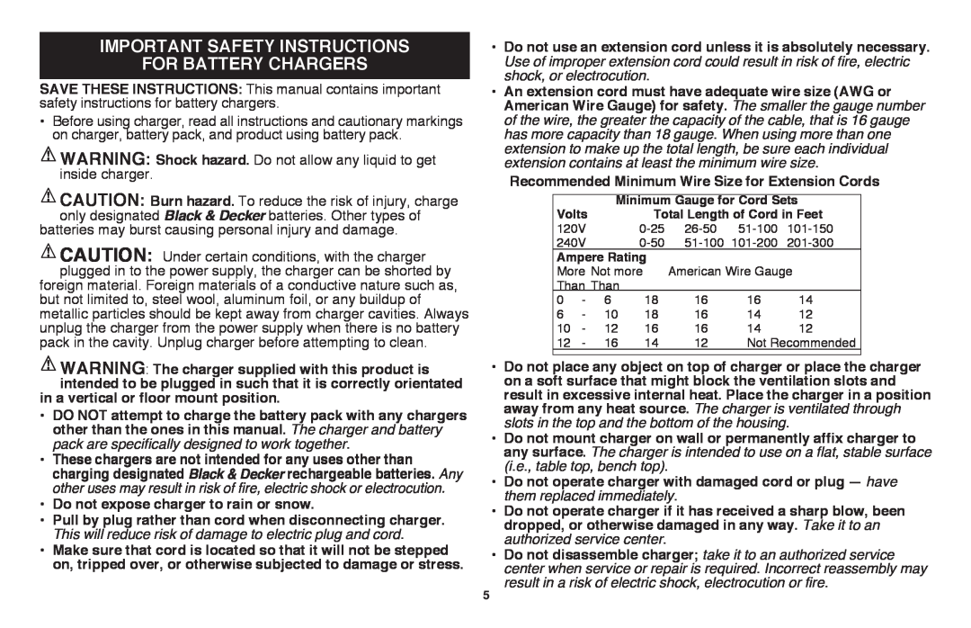 Black & Decker LHT2436B, LHT2436R manual important safety instructions for battery chargers 