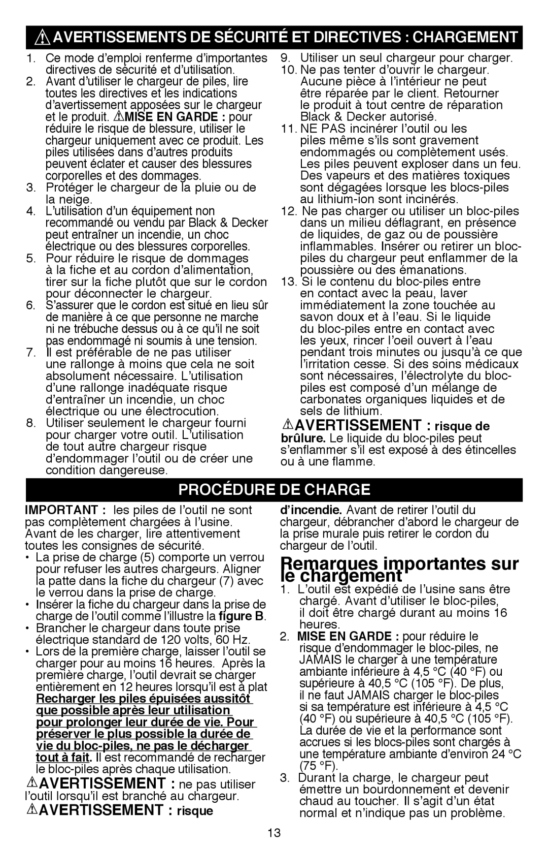 Black & Decker LI2000, Li200 Avertissements de sÉCURITÉ ET Directives Chargement, Procédure de charge, Mise EN Garde pour 