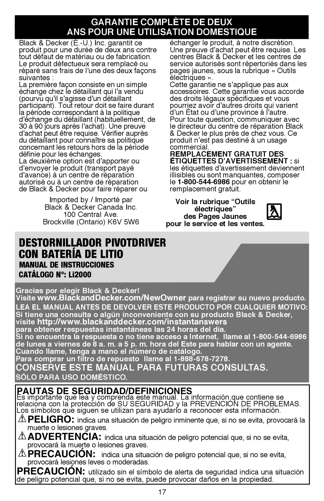 Black & Decker LI2000, Li200 instruction manual Destornillador pivotdriver con batería de litio 