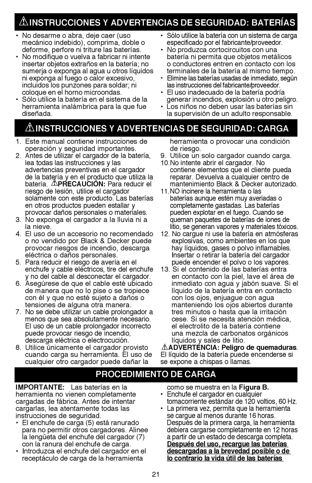 Black & Decker LI2000 Instrucciones Y Advertencias DE Seguridad Baterías, Instrucciones Y Advertencias DE Seguridad Carga 