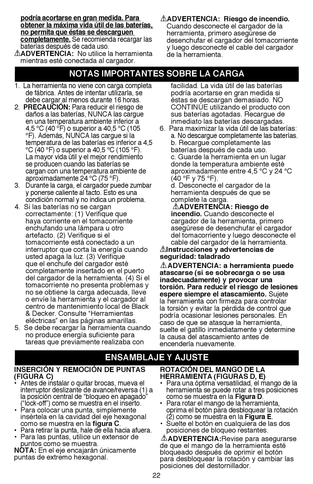 Black & Decker Li200, LI2000 instruction manual Notas Importantes Sobre LA Carga, Ensamblaje y ajuste 