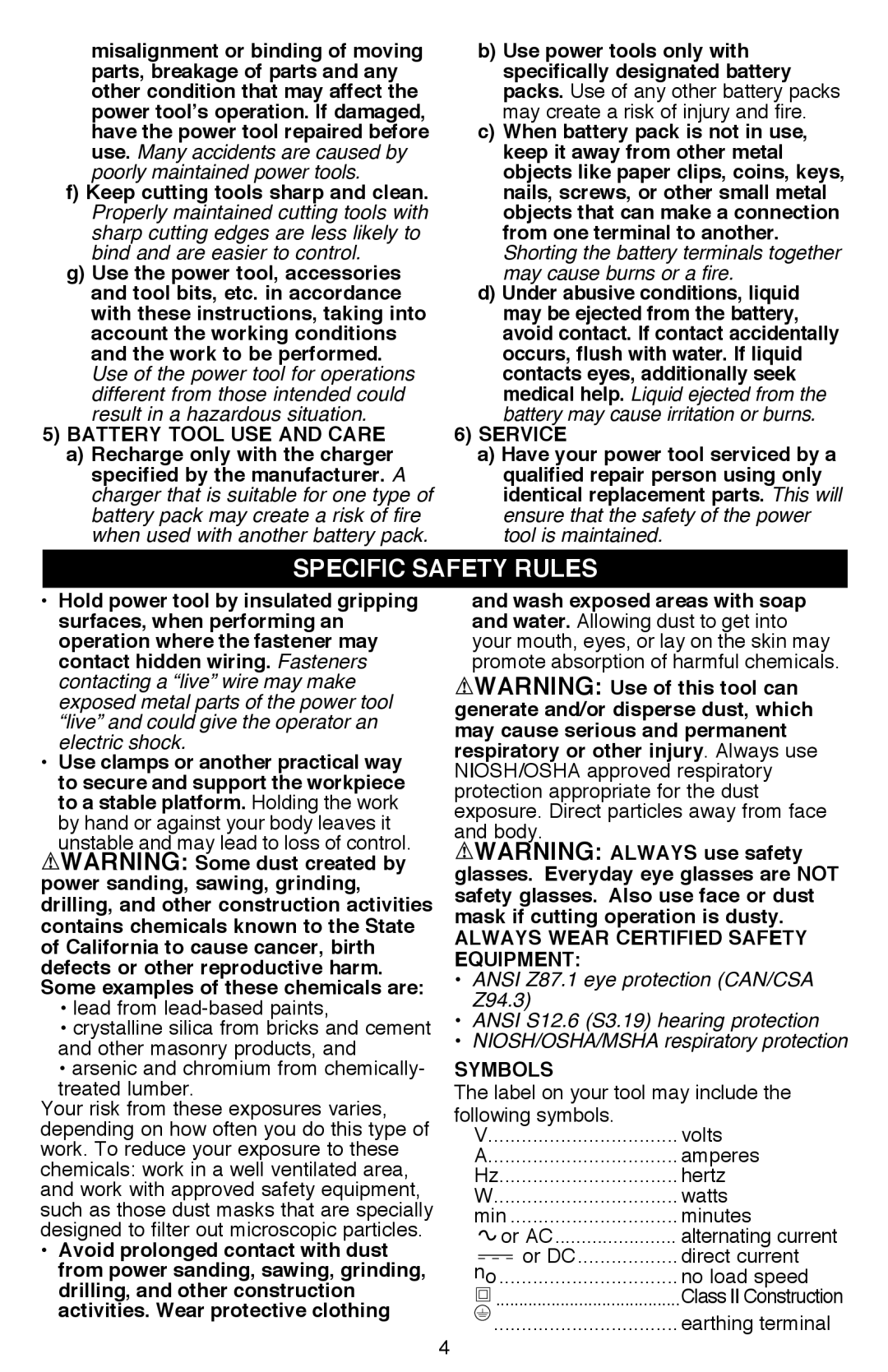 Black & Decker Li200, LI2000 instruction manual Specific Safety Rules, Always Wear Certified Safety EQUIPMENT , Symbols 