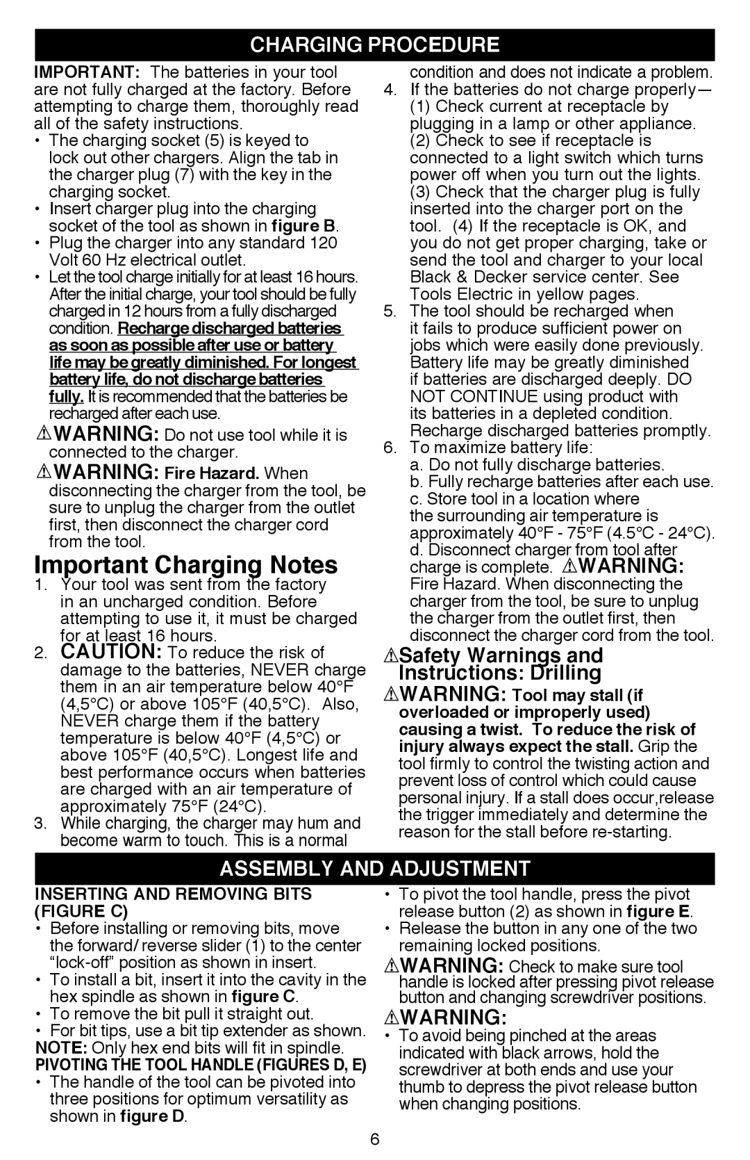 Black & Decker Li200, LI2000 Charging Procedure, Assembly and Adjustment, Inserting and removing bits figure C 