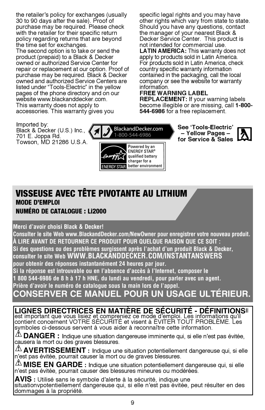 Black & Decker LI2000, Li200 instruction manual Visseuse Avec Tête Pivotante AU Lithium, Towson, MD 21286 U.S.A 