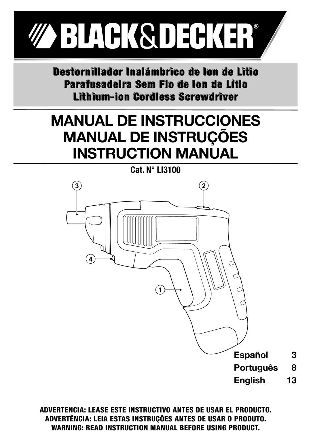 Black & Decker LI3100A instruction manual Cat. N LI3100 Español Português English 