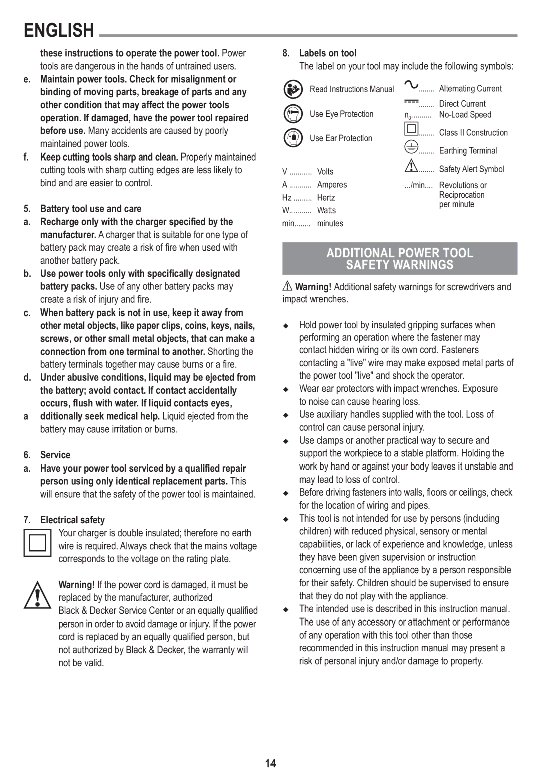 Black & Decker LI3100A Additio NAL Power Tool Safety Warning S, Label on your tool may include the following symbols 