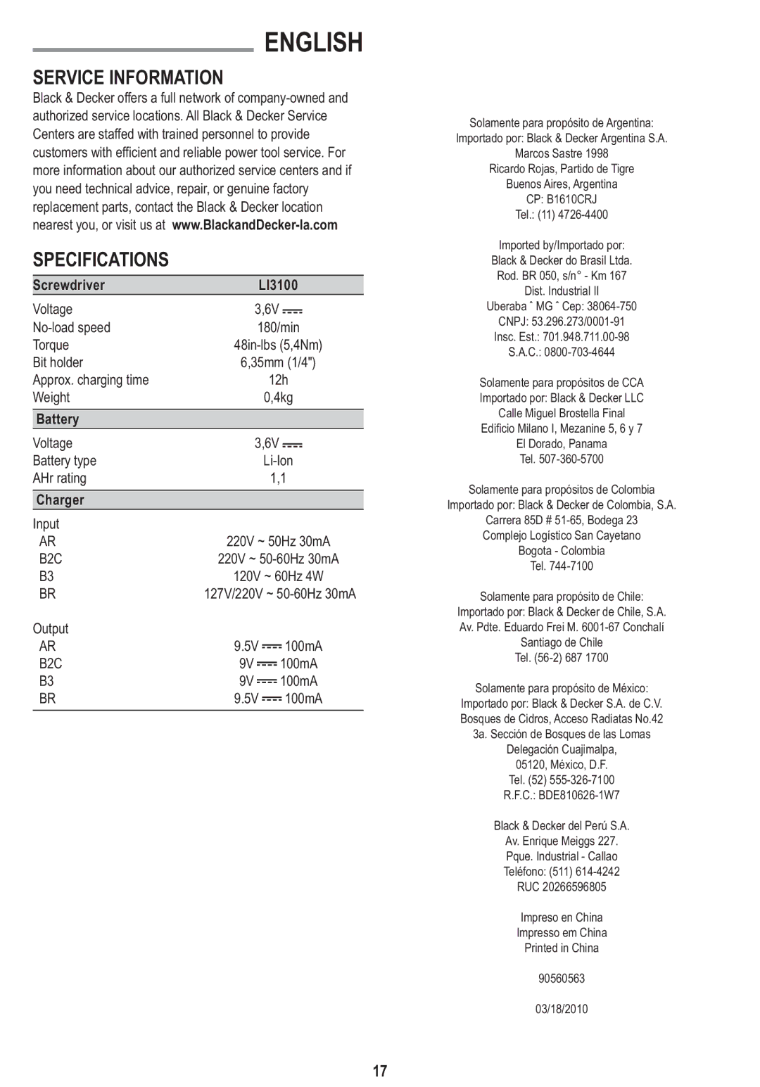 Black & Decker LI3100A instruction manual Service Information, Screwdriver LI3100, Battery, Charger 