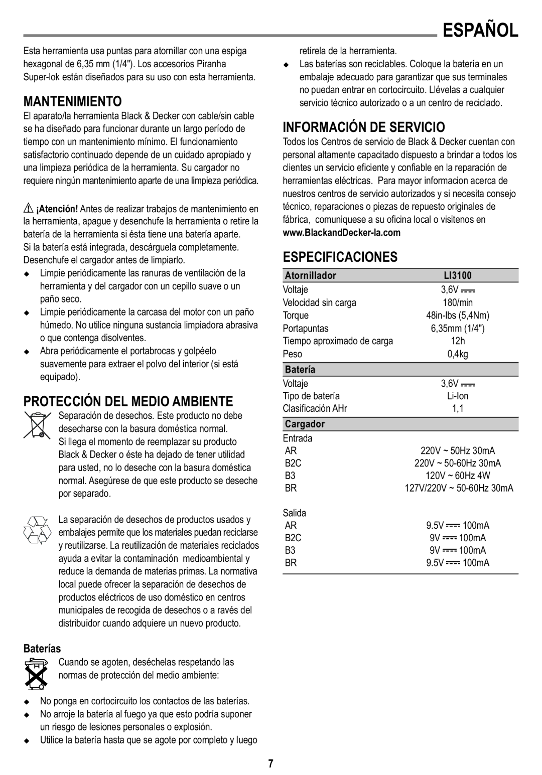 Black & Decker LI3100A instruction manual Mantenimiento, Protección DEL Medio Ambiente, Especificaciones, Baterías 