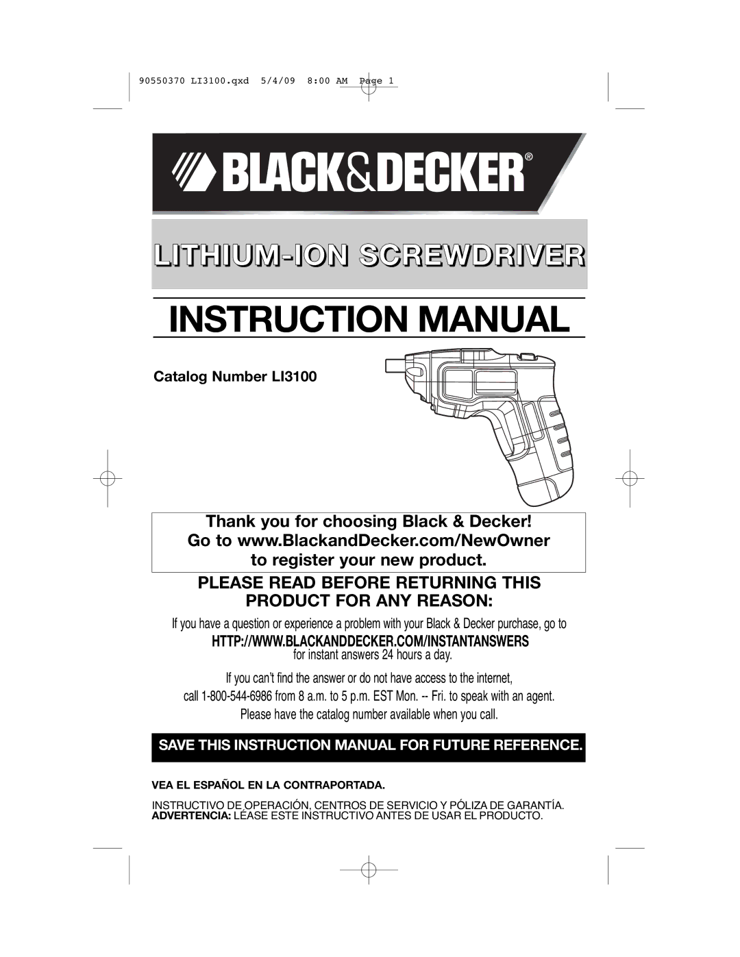 Black & Decker LI3100A instruction manual LITHIUM-ION Screwdriver, VEA EL Español EN LA Contraportada 