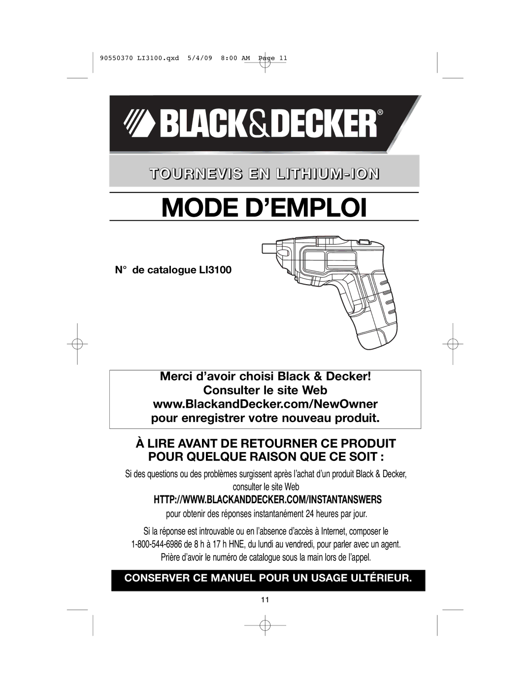 Black & Decker LI3100A instruction manual Mode D’EMPLOI 