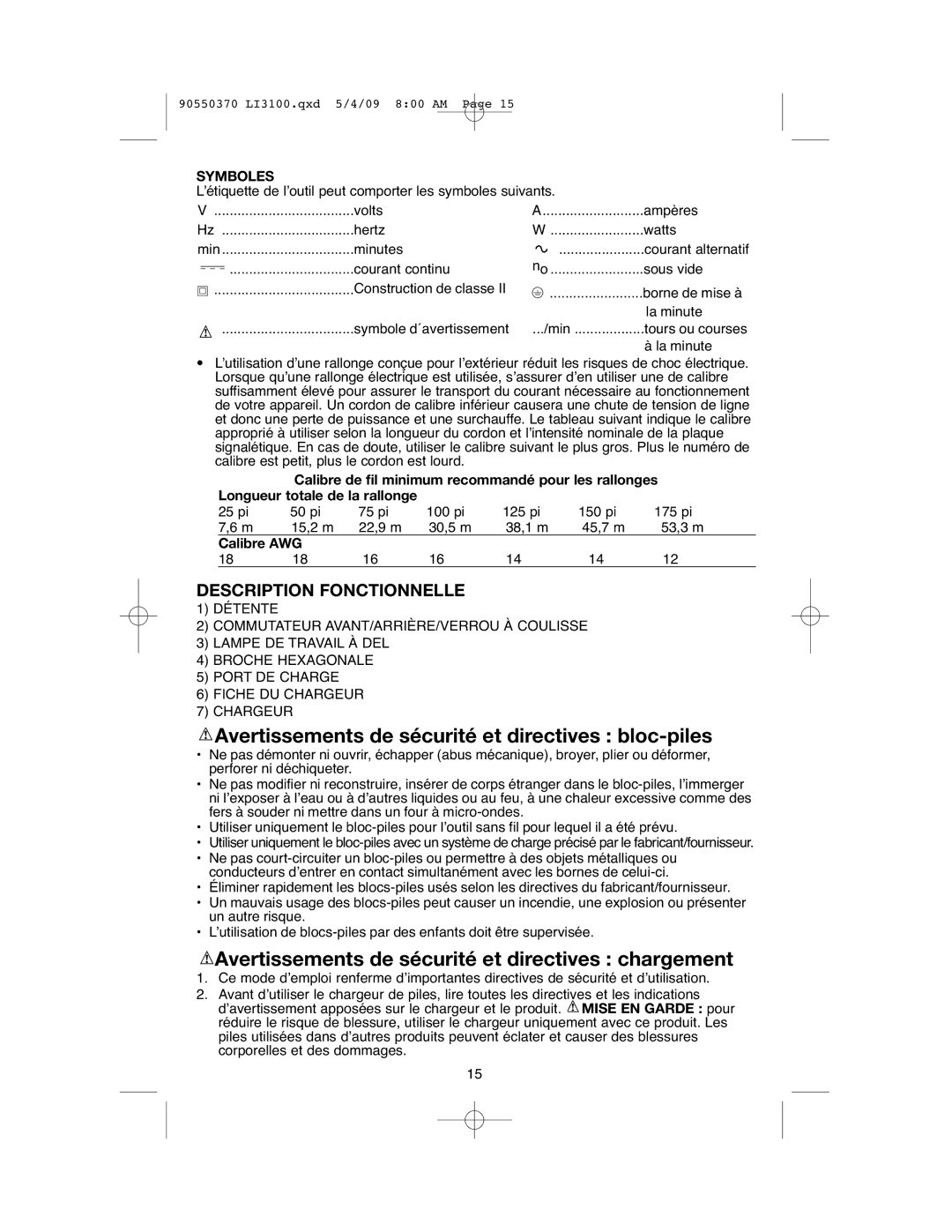 Black & Decker LI3100A instruction manual Avertissements de sécurité et directives bloc-piles, Symboles, Calibre AWG 