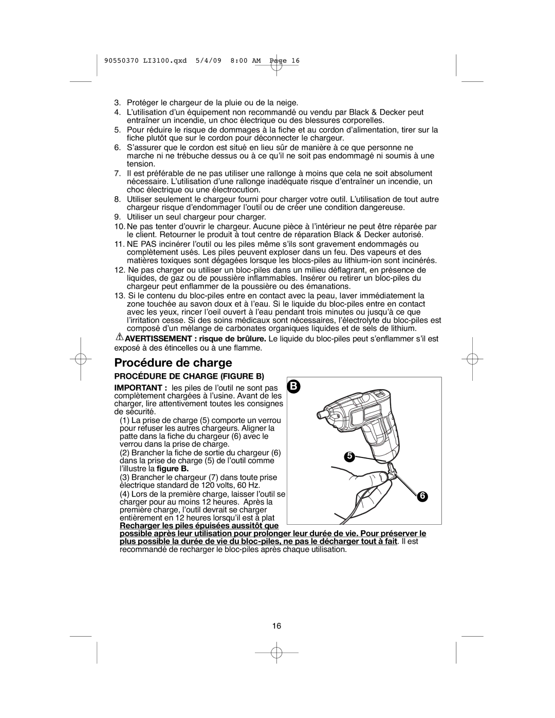 Black & Decker LI3100A instruction manual Procédure de charge, Procédure DE Charge Figure B 