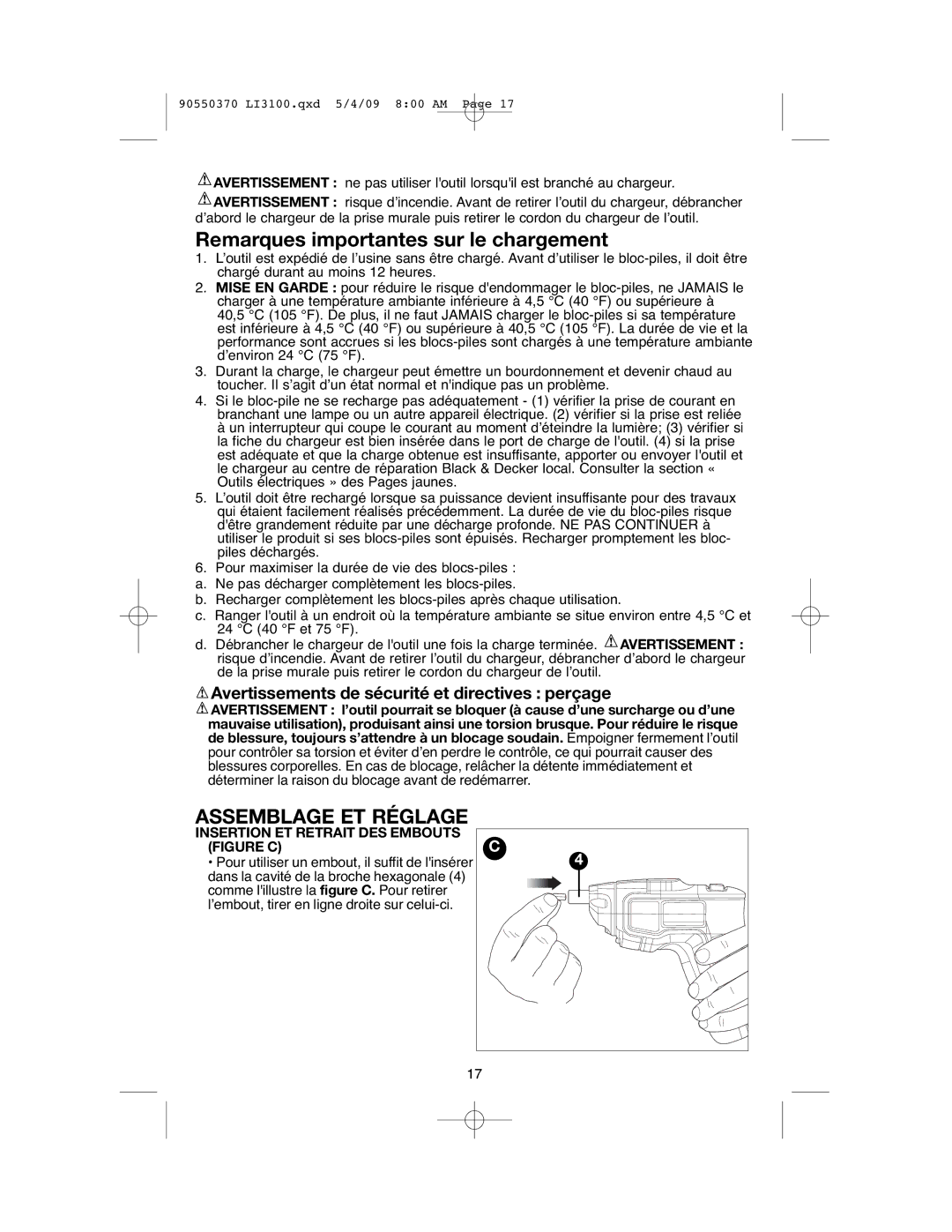 Black & Decker LI3100A instruction manual Remarques importantes sur le chargement, Assemblage ET Réglage 