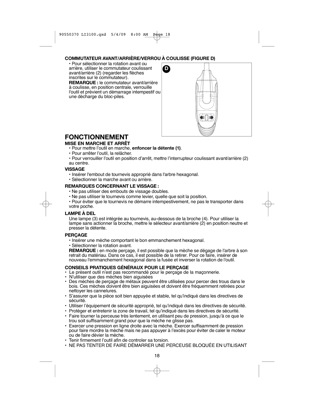 Black & Decker LI3100A instruction manual Fonctionnement 