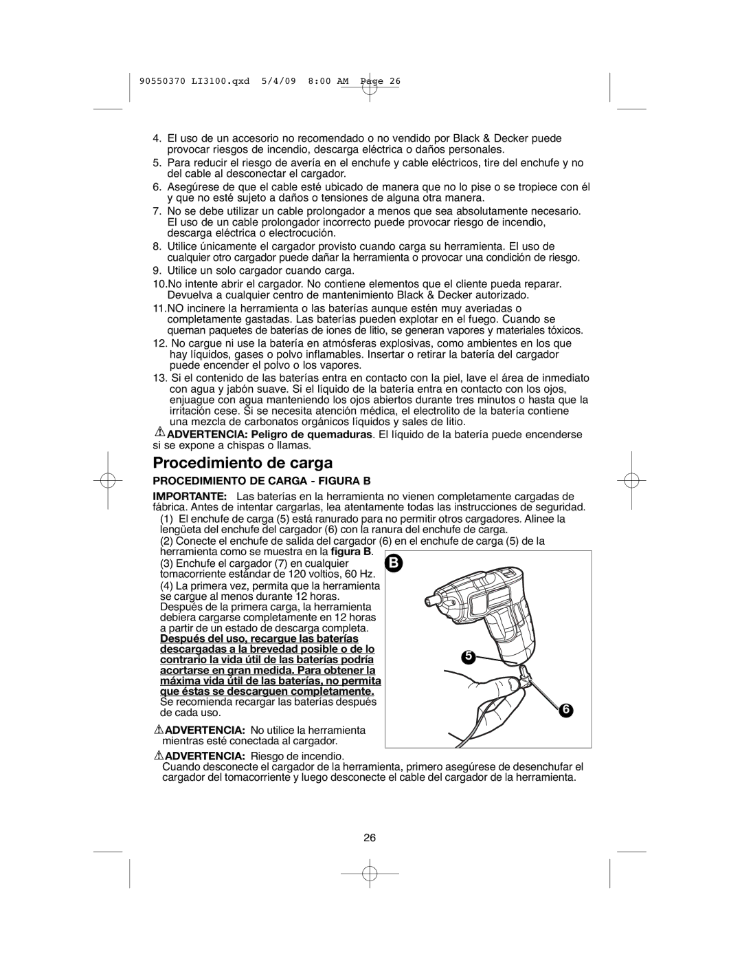 Black & Decker LI3100A instruction manual Procedimiento de carga, Procedimiento DE Carga Figura B 