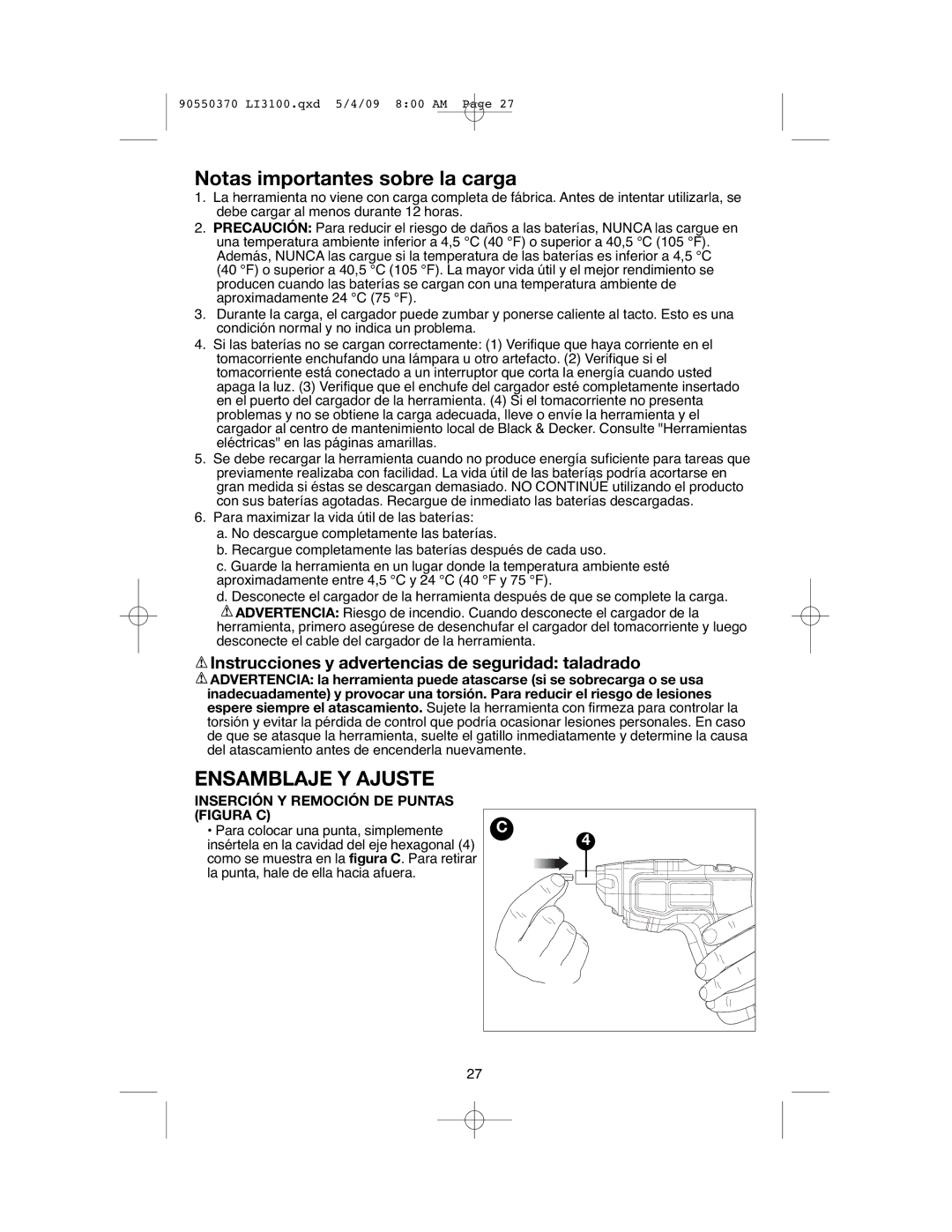 Black & Decker LI3100A Notas importantes sobre la carga, Ensamblaje Y Ajuste, Inserción Y Remoción DE Puntas Figura C 