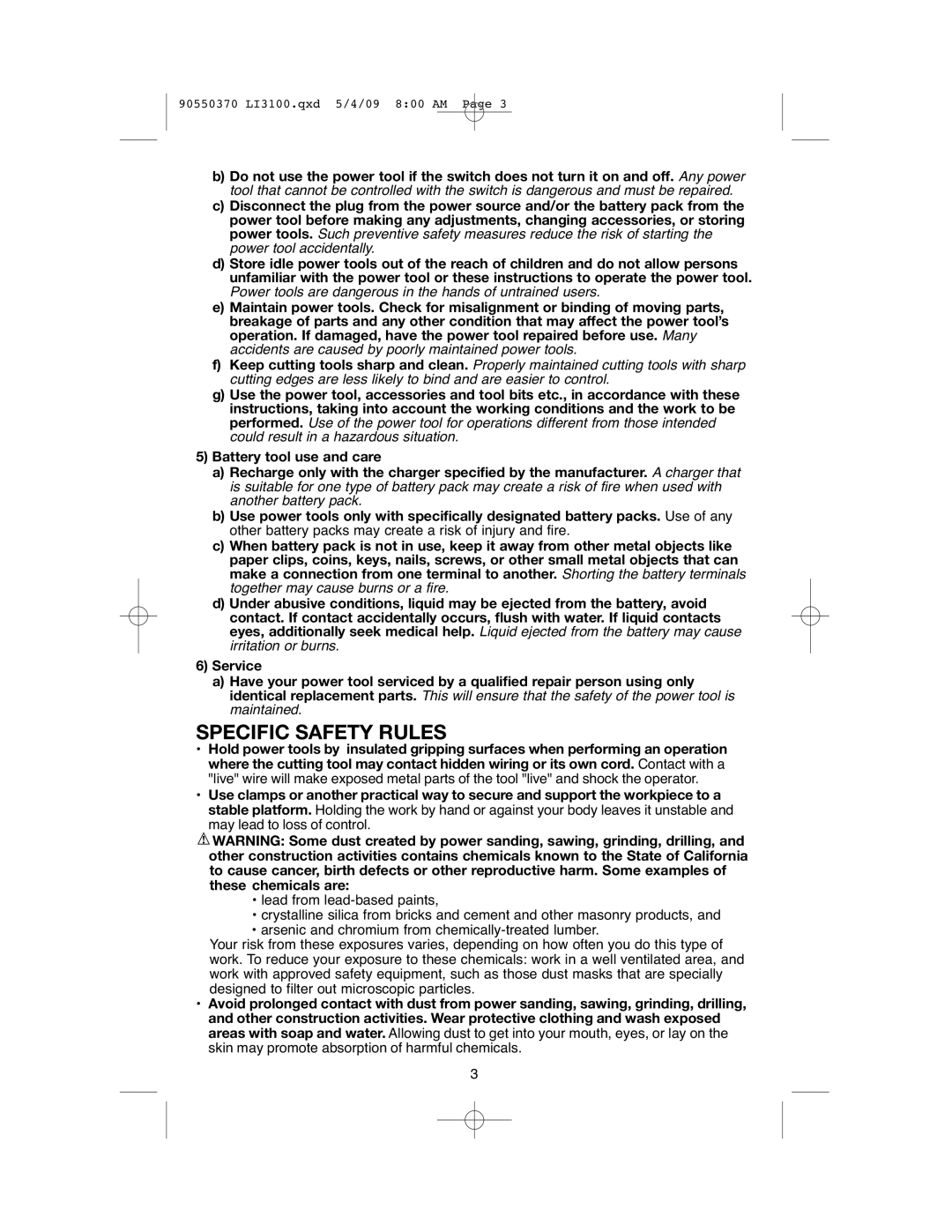 Black & Decker LI3100A instruction manual Specific Safety Rules 