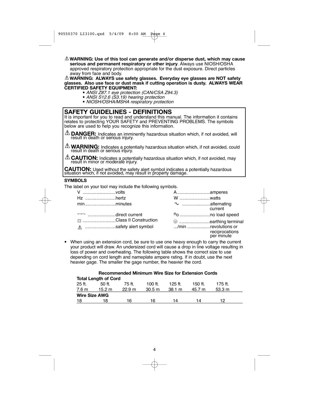 Black & Decker LI3100A Symbols, Recommended Minimum Wire Size for Extension Cords, Total Length of Cord, Wire Size AWG 