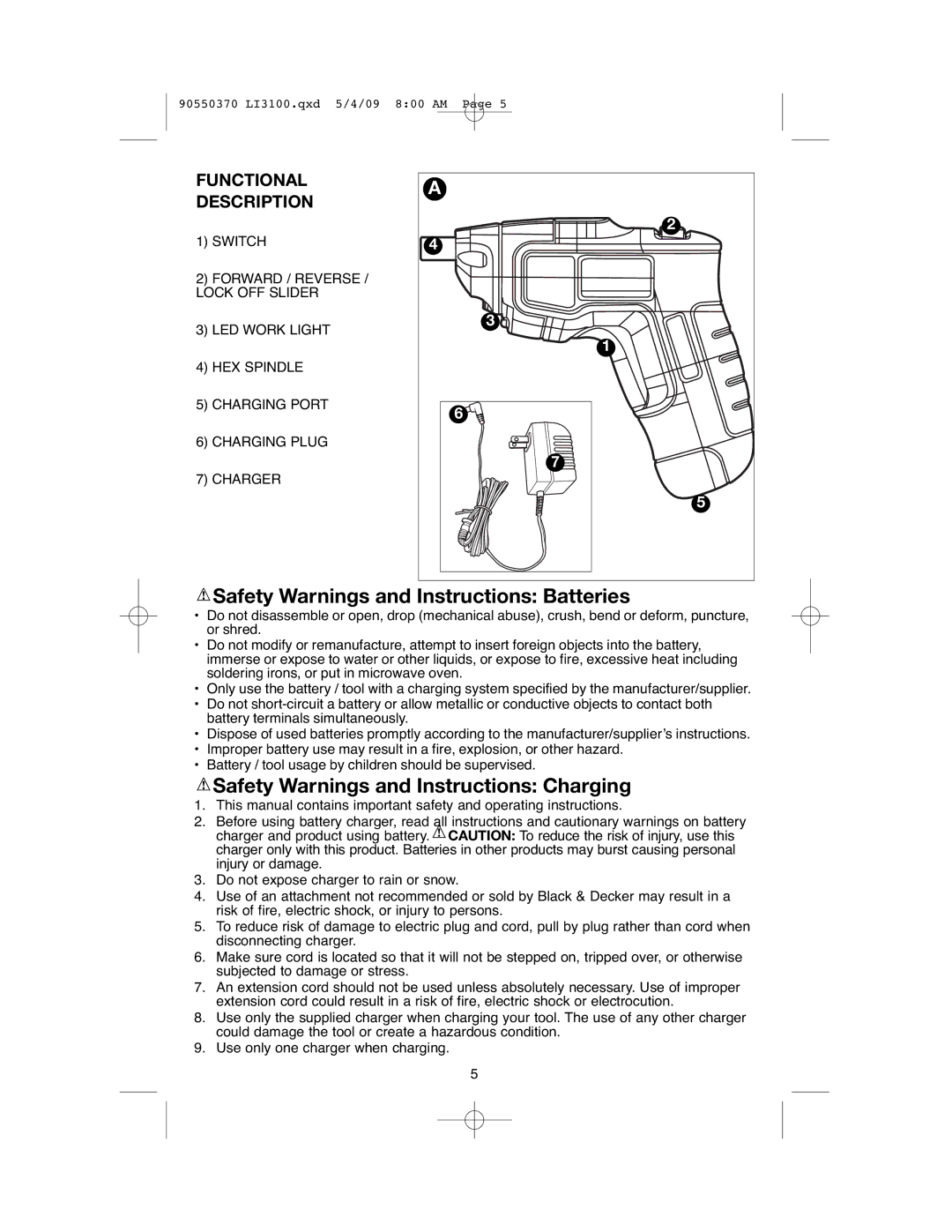 Black & Decker LI3100A Safety Warnings and Instructions Batteries, Safety Warnings and Instructions Charging 