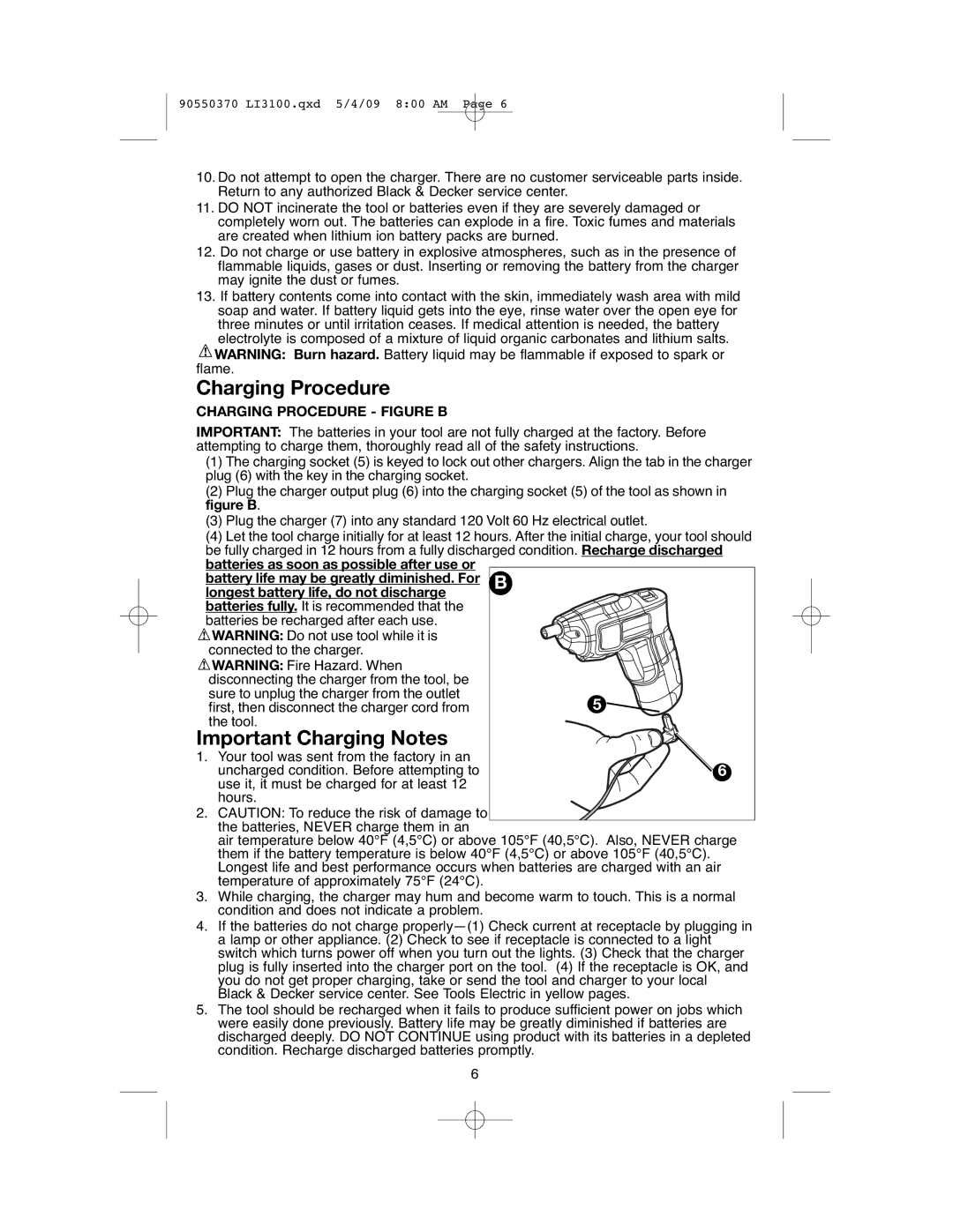 Black & Decker LI3100A instruction manual Important Charging Notes, Charging Procedure Figure B 