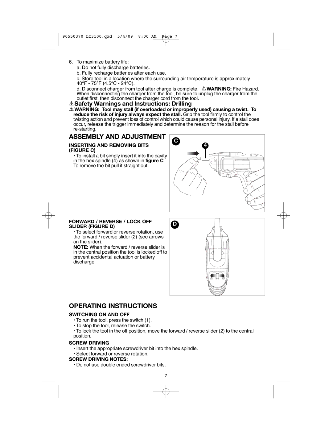 Black & Decker LI3100A instruction manual Safety Warnings and Instructions Drilling 