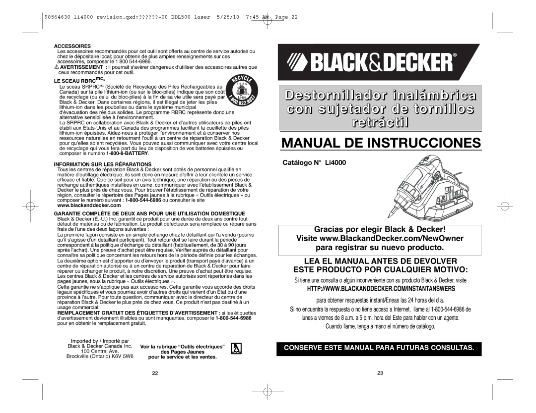 Black & Decker Li4000, 90564630 instruction manual Accessoires, Information SUR LES Réparations 