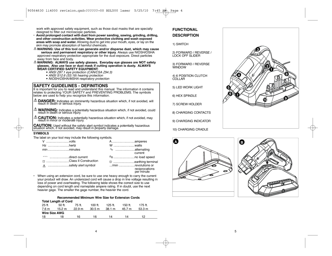 Black & Decker 90564630, Li4000 instruction manual Functional Description, Symbols, Wire Size AWG 