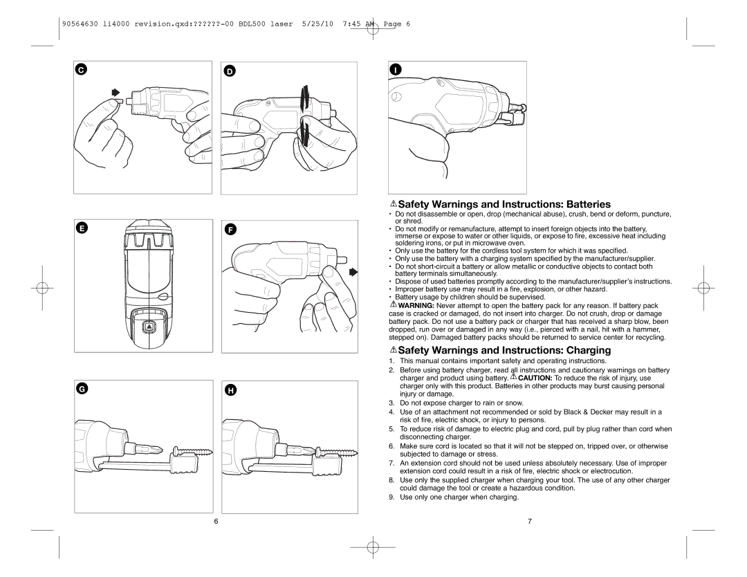 Black & Decker Li4000, 90564630 Safety Warnings and Instructions Batteries, Safety Warnings and Instructions Charging 