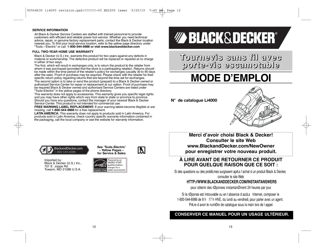 Black & Decker 90564630, Li4000 instruction manual Mode DʼEMPLOI, Service Information Full TWO-YEAR Home USE Warranty 