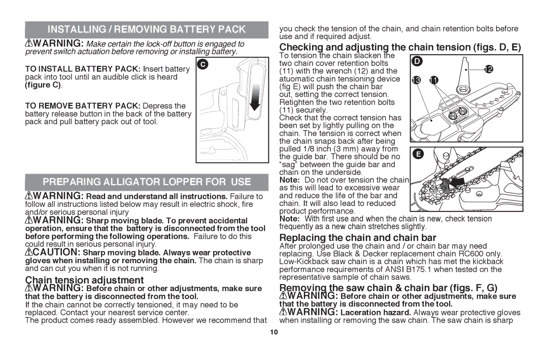 Black & Decker LLP120 instruction manual Chain tension adjustment, Replacing the chain and chain bar 