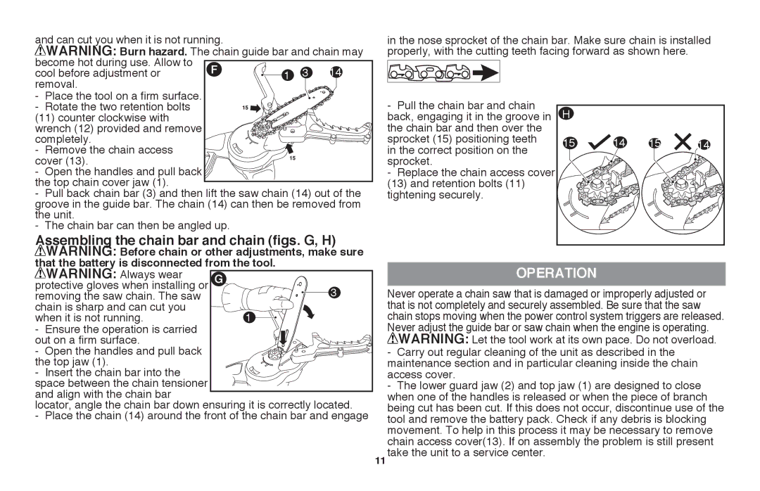 Black & Decker LLP120 instruction manual Assembling the chain bar and chain figs. G, H, Operation 