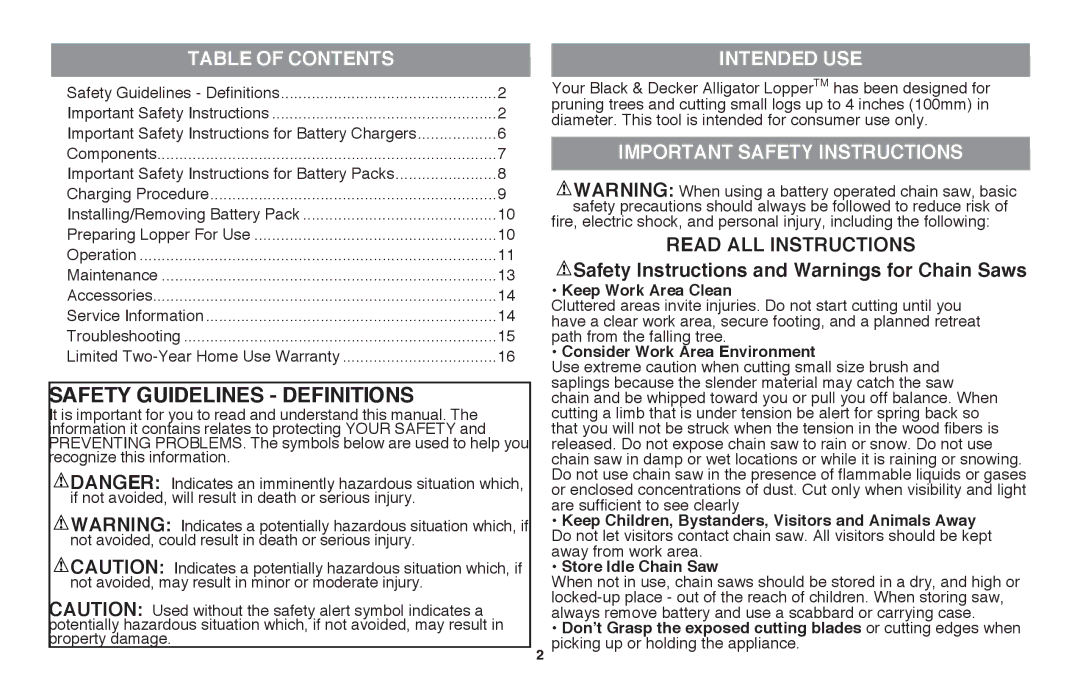 Black & Decker LLP120 instruction manual Table Of Contents Intended use, Important Safety Instructions 