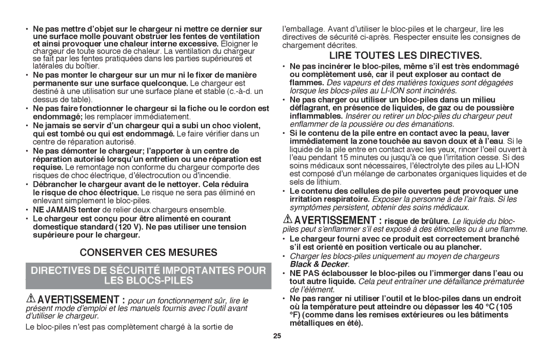 Black & Decker LLP120 instruction manual Conserver ces mesures, Directives de sÉcuritÉ importantes pour Les blocs-piles 