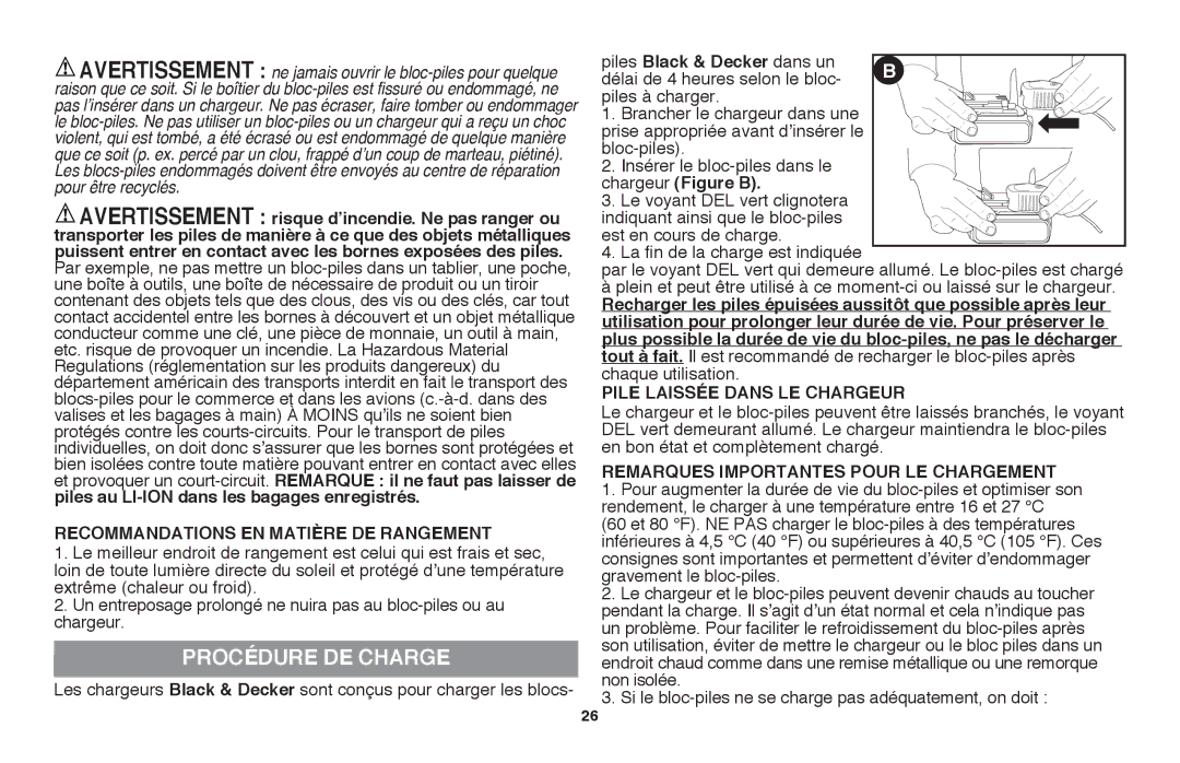 Black & Decker LLP120 instruction manual Procédure de charge 