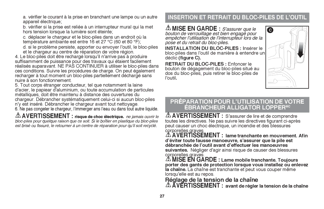 Black & Decker LLP120 instruction manual Insertion et retrait du bloc-piles de l’outil, Réglage de la tension de la chaîne 