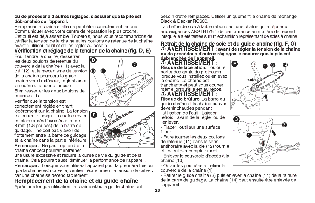 Black & Decker LLP120 instruction manual Remplacement de la chaîne et du guide-chaîne, Débranchée de l’appareil 