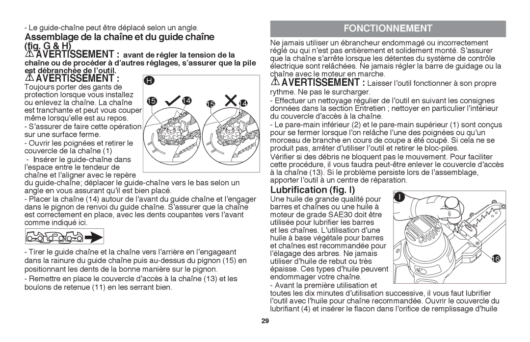 Black & Decker LLP120 instruction manual Assemblage de la chaîne et du guide chaîne, FonctionnemenT, Lubrification fig 