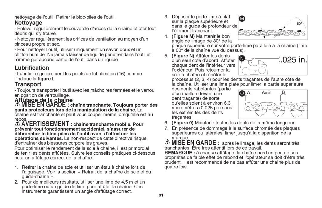 Black & Decker LLP120 instruction manual Nettoyage, Lubrification, Transport, Affûtage de la chaîne 