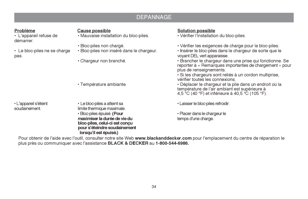 Black & Decker LLP120 instruction manual DEpannage, Problème Cause possible Solution possible, Maximiser la durée de vie du 