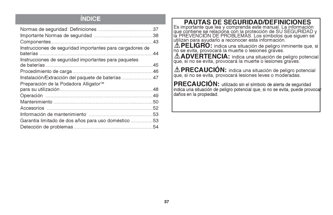 Black & Decker LLP120 instruction manual Pautas DE SEGURIDAD/DEFINICIONES, Índice 