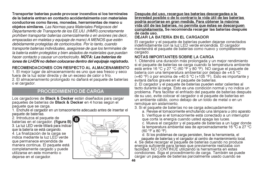 Black & Decker LLP120 instruction manual Procedimiento de carga, Notas importantes sobre la carga 