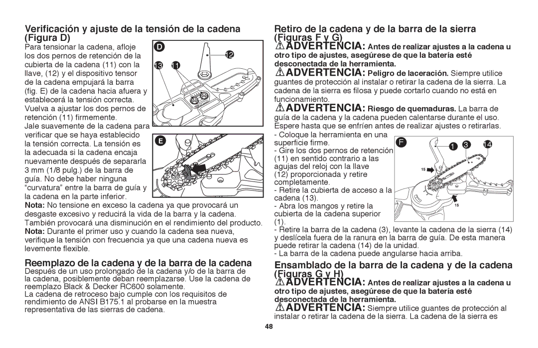 Black & Decker LLP120 Verificación y ajuste de la tensión de la cadena, Retiro de la cadena y de la barra de la sierra 